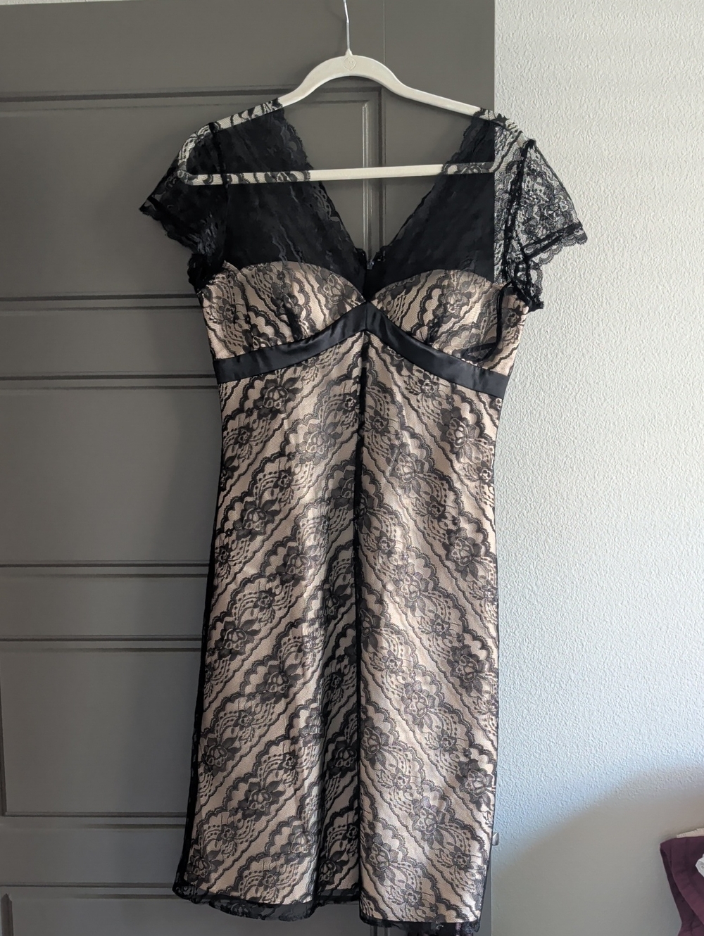 White House Black Market Black Lace over Nude Sheath